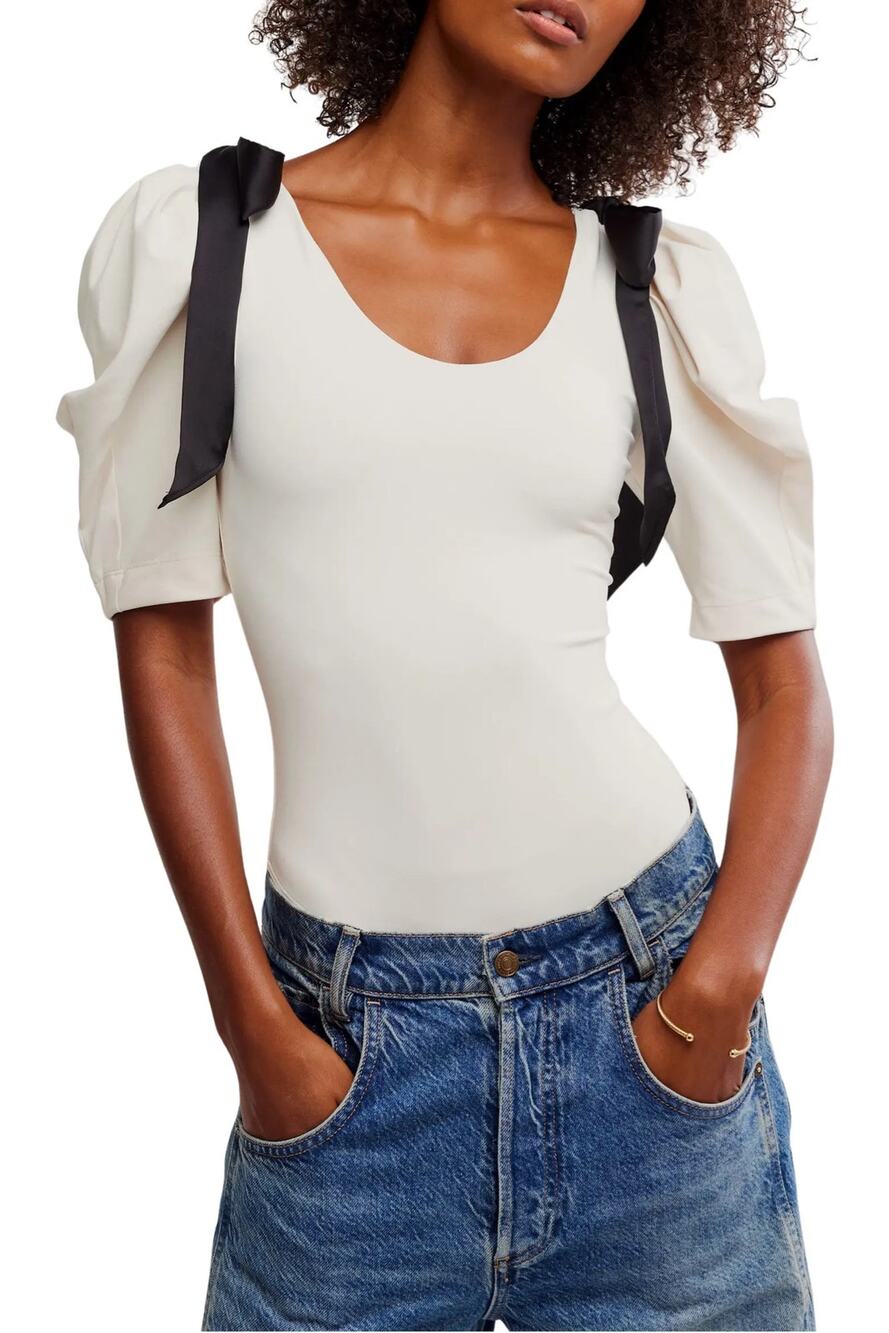 Free People What a Girl Wants Bow Puff Sleeve Bodysuit